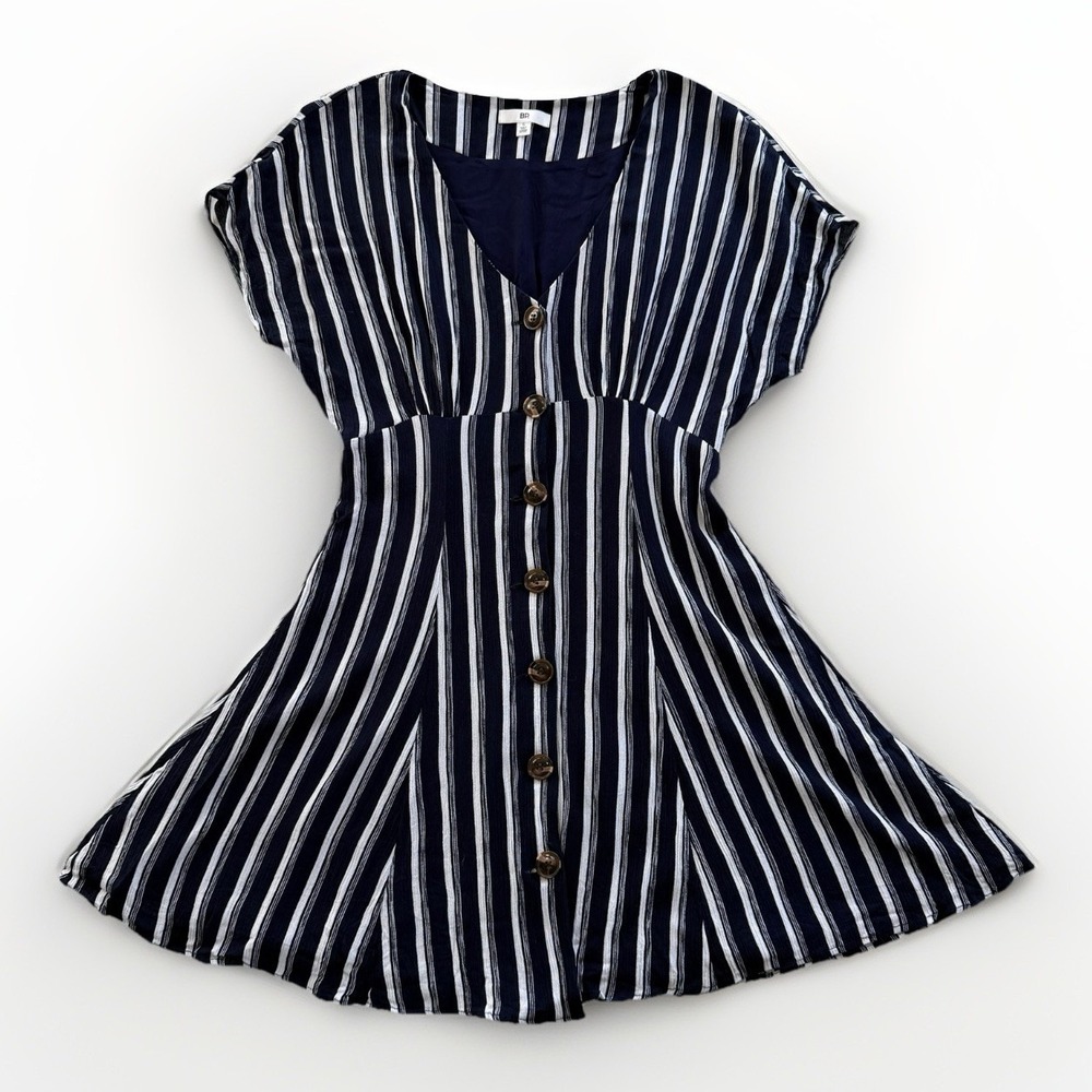BP Nordstrom Dress Mini‎ Prairie Button Front Rayon Navy White Stripe Women's S